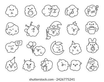 Cute kawaii popcorn with a smile. Coloring Page. Cartoon funny food character. Hand drawn style. Vector drawing. Collection of design elements.