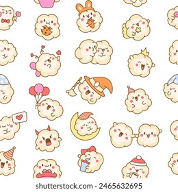 Cute kawaii popcorn with a smile. Seamless pattern. Cartoon funny food character. Hand drawn style. Vector drawing. Design ornaments.