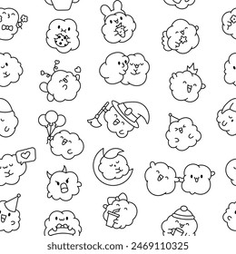 Cute kawaii popcorn with a smile. Seamless pattern. Coloring Page. Cartoon funny food character. Hand drawn style. Vector drawing. Design ornaments.