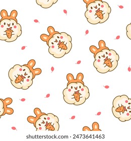 Cute kawaii popcorn with a smile. Seamless pattern. Cartoon funny food character. Hand drawn style. Vector drawing. Design ornaments.