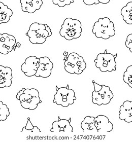 Cute kawaii popcorn with a smile. Seamless pattern. Coloring Page. Cartoon funny food character. Hand drawn style. Vector drawing. Design ornaments.