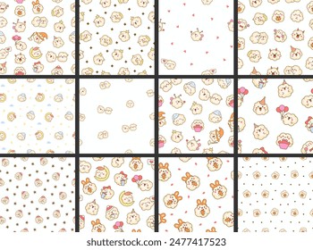 Cute kawaii popcorn with a smile. Seamless pattern. Cartoon funny food character. Hand drawn style. Vector drawing. Collection of design ornaments.