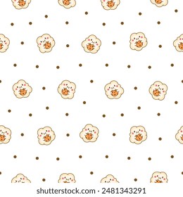 Cute kawaii popcorn with a smile. Seamless pattern. Cartoon funny food character. Hand drawn style. Vector drawing. Design ornaments.