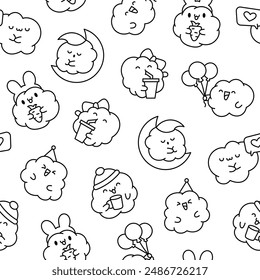 Cute kawaii popcorn with a smile. Seamless pattern. Coloring Page. Cartoon funny food character. Hand drawn style. Vector drawing. Design ornaments.