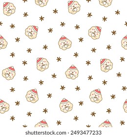 Cute kawaii popcorn with a smile. Seamless pattern. Cartoon funny food character. Hand drawn style. Vector drawing. Design ornaments.