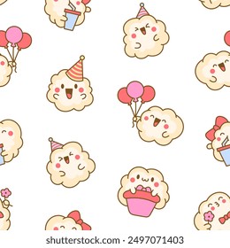 Cute kawaii popcorn with a smile. Seamless pattern. Cartoon funny food character. Hand drawn style. Vector drawing. Design ornaments.