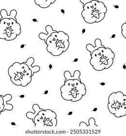 Cute kawaii popcorn with a smile. Seamless pattern. Coloring Page. Cartoon funny food character. Hand drawn style. Vector drawing. Design ornaments.