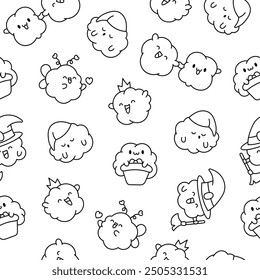 Cute kawaii popcorn with a smile. Seamless pattern. Coloring Page. Cartoon funny food character. Hand drawn style. Vector drawing. Design ornaments.