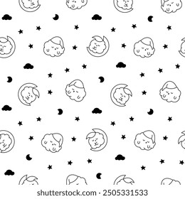 Cute kawaii popcorn with a smile. Seamless pattern. Coloring Page. Cartoon funny food character. Hand drawn style. Vector drawing. Design ornaments.