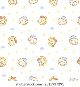 Cute kawaii popcorn with a smile. Seamless pattern. Cartoon funny food character. Hand drawn style. Vector drawing. Design ornaments.