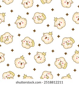 Cute kawaii popcorn with a smile. Seamless pattern. Cartoon funny food character. Hand drawn style. Vector drawing. Design ornaments.