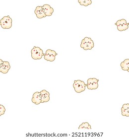 Cute kawaii popcorn with a smile. Seamless pattern. Cartoon funny food character. Hand drawn style. Vector drawing. Design ornaments.