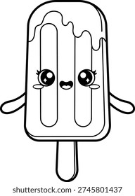 Cute kawaii popsicle coloring page with adorable ice cream bar character in black and white outline style. Great for summer-themed coloring books, printable worksheets, and kids fun activities.