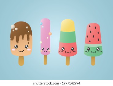 Cute Kawaii Popsicle Ice Cream Character Set