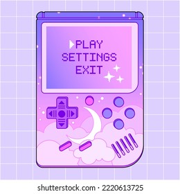 Cute kawaii portable video game console. Retro vintage video games. 90s nostalgia aesthetic. Geek and nerd hobby. Old game handheld device. Cartoon girly pastel background. Evening sky, Moon, stars.