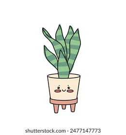 Lindo kawaii maceta Sansevieria planta de interior. Pequeño bozal en la flor de la casa. Ilustración vectorial de dibujos animados para diseño