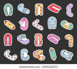 Cute kawaii pregnancy pillow characters. Sticker Bookmark. Cartoon accessory for sleeping, nursing, rest. Hand drawn style. Vector drawing. Collection of design elements.
