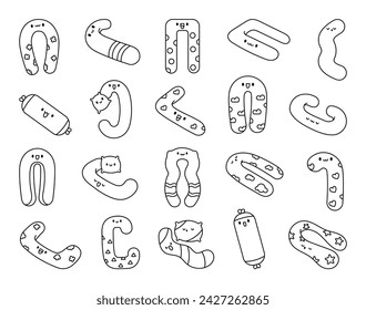 Cute kawaii pregnancy pillow characters. Coloring Page. Cartoon accessory for sleeping, nursing, rest. Hand drawn style. Vector drawing. Collection of design elements.