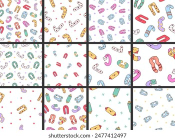 Cute kawaii pregnancy pillow characters. Seamless pattern. Cartoon accessory for sleeping, nursing, rest. Hand drawn style. Vector drawing. Collection of design ornaments.