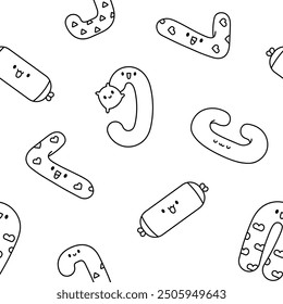 Cute kawaii pregnancy pillow characters. Seamless pattern. Coloring Page. Cartoon accessory for sleeping, nursing, rest. Hand drawn style. Vector drawing. Design ornaments.