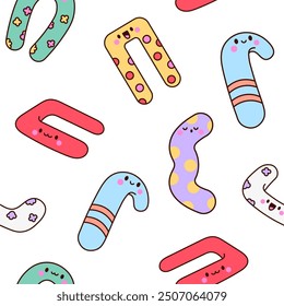 Cute kawaii pregnancy pillow characters. Seamless pattern. Cartoon accessory for sleeping, nursing, rest. Hand drawn style. Vector drawing. Design ornaments.