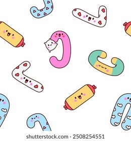 Cute kawaii pregnancy pillow characters. Seamless pattern. Cartoon accessory for sleeping, nursing, rest. Hand drawn style. Vector drawing. Design ornaments.