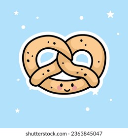 Cute Kawaii Pretzel is isolated on a blue background. Vector - Illustration.