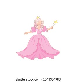 Cute kawaii princess fairy with magic stick and crown icon isolated