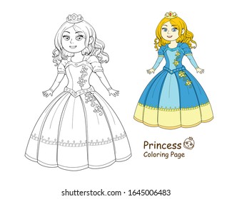 Cute kawaii princess outlined drawing and painting on white background for coloring book