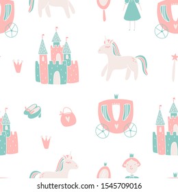 Cute kawaii princess seamless pattern with unicorn, carriage and castle. Fantasy doodle icon set for textile, design, background. Vector wallpaper for invite card, little princess party