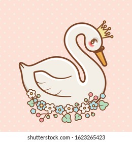 Cute kawaii princess swan on pink background cartoon hand drawn vector illustration. Can be used for t-shirt print, kids wear fashion design, baby shower invitation card.