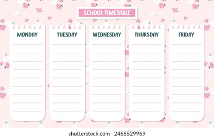 Cute kawaii printable school timetable calendar with pink floral background 