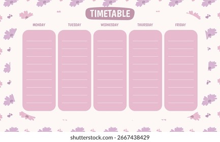 Cronograma bonito da escola imprimível kawaii com fundo floral roxo pastel