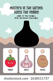 Cute kawaii printable worksheet for kids to guess the correct vegetable from its shadow, designed for fun learning and visual recognition in early education.