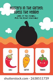 Cute kawaii printable worksheet for kids to guess the correct vegetable from its shadow, designed for fun learning and visual recognition in early education.