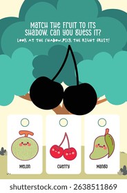 Cute kawaii printable worksheet for kids to guess the correct fruit from its shadow, perfect for fun learning, shape recognition, and early education.