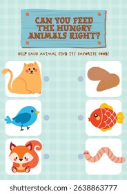 Cute kawaii printable worksheet for kids to match animals with their correct food by drawing lines, fun educational activity for learning and recognition skills.