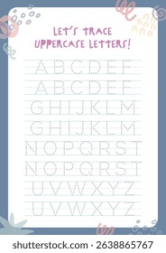 Cute kawaii printable worksheet for kids to trace uppercase A to Z letters. Perfect for early education, alphabet recognition, and fun learning at home or school.
