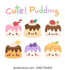 Süße Kawaii Pudding Desserts. Entzückende Cartoon Illustration. In: Kawaii Pudding Characters. Süße und charmante Dessertkunst. Bunte Kawaii-Pudding-Leckereien.