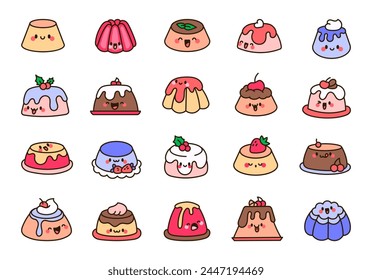 Cute kawaii pudding. Happy cake cartoon character. Funny food. Hand drawn style. Vector drawing. Collection of design elements.