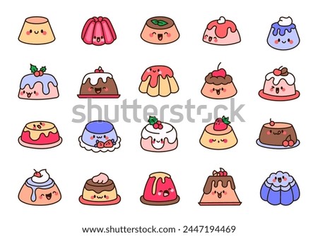 Cute kawaii pudding. Happy cake cartoon character. Funny food. Hand drawn style. Vector drawing. Collection of design elements.