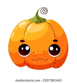 Cute kawaii pumpkin for fun Halloween holiday. Smiling funny character for festive autumn designs. Vector illustration on white background