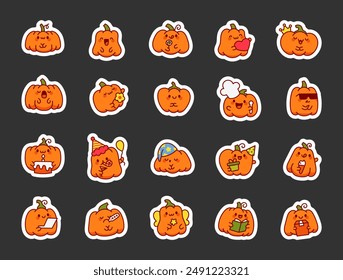 Cute kawaii pumpkin with a funny face. Sticker Bookmark. Adorable cartoon food character. Hand drawn style. Vector drawing. Collection of design elements.