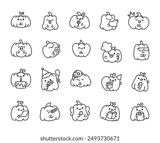 Cute kawaii pumpkin with a funny face. Coloring Page. Adorable cartoon food character. Hand drawn style. Vector drawing. Collection of design elements.