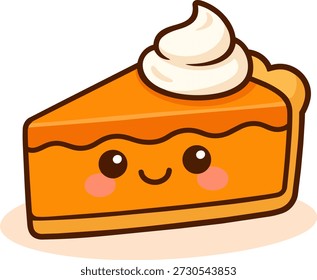 Cute kawaii pumpkin pie slice with smiling face and cream topping. Autumn dessert illustration in flat cartoon style with thick outlines and warm orange colors. Fun vector illustration for bakery and seasonal food designs.