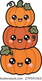 Cute kawaii pumpkin stack featuring three smiling pumpkins with adorable faces, blush cheeks, and autumn leaves. Charming Halloween cartoon illustration designed in a playful kawaii style. Perfect for Halloween stickers, greeting cards, planner stickers, scrapbooking, social media graphics, children's products, apparel prints, seasonal decorations, and printable designs. Friendly pumpkin characters with bright autumn colors and cute festive appeal.