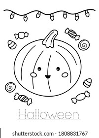 Cute kawaii pumpkin with sweets. Write Halloween word. Education coloring page for kids. Activity worksheet.