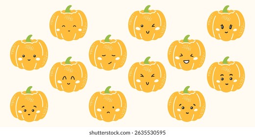 Cute kawaii pumpkin vector stickers with funny faces and emotions: happy, sad, angry, surprised. Flat characters for kids, education, and healthy eating designs