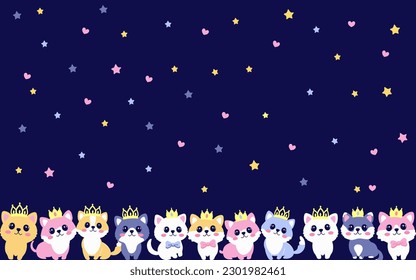 Cute kawaii puppies wearing crowns in flat vector style. Festive background, graphics, banner, greeting card. Vector image.