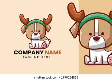 Cute Kawaii Puppy Dog Mascot Cartoon Logo Design Wearing Christmas Accessories. Icon Illustration Character Hand Drawn.
